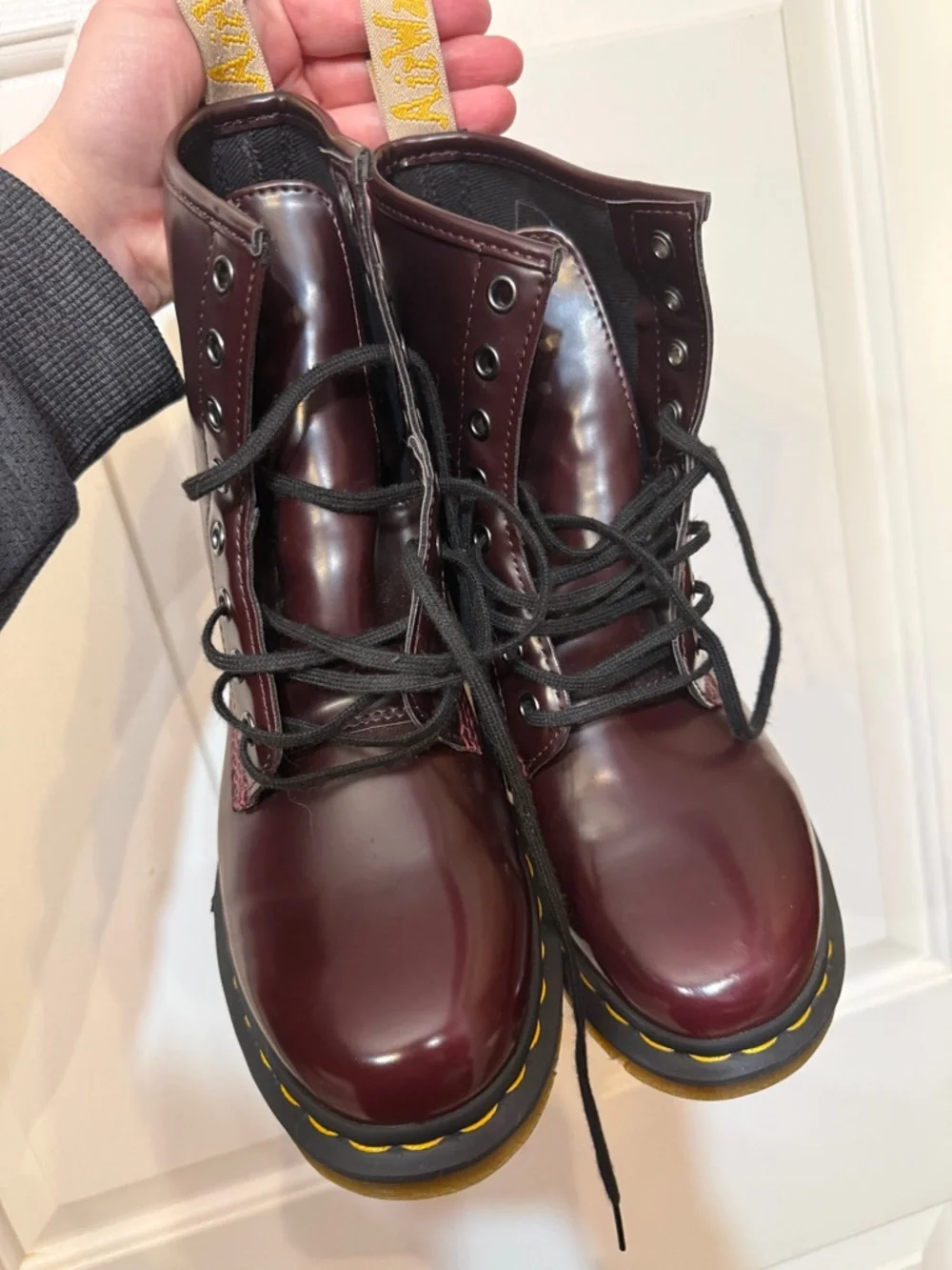 Dr. Martens Cherry/Deep Red Leather Combat Boots with Yellow Heel Loop - Picture 2 of 7